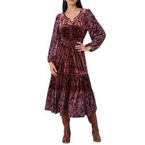 FRYE & CO Wine Velvet Velour Boho Tiered Midi Dress